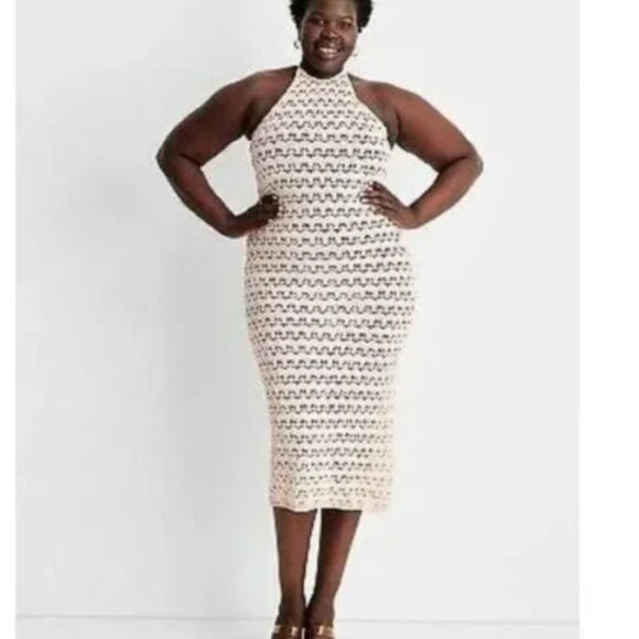 FUTURE COLLECTIVE Halter Tie Neck Open Knit Crochet Midi Dress - Picture 1 of 12
